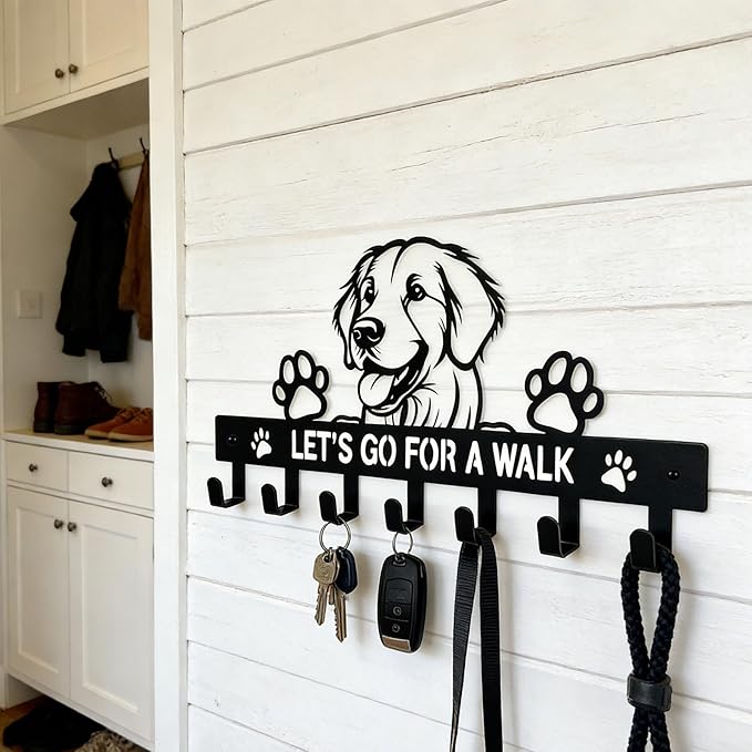 Golden Retriever Key Holder, Dog Leash Holder for Wall with 7 Hooks, Black Decorative Small Key Hanger for Entryway&Front Doo