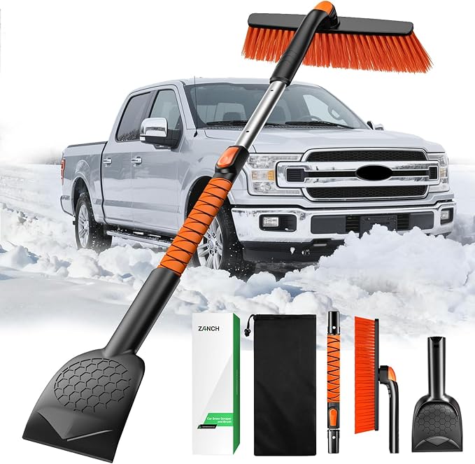 Zanch 2025 Upgrade Extendable 3-in-1 Car Snow Brush and Ice Scraper [45" Extendable Handle] with 360° Rotating Brush Head for Car Windshield Clear Snow, Ice and Frost, for All Cars/Truck/SUV
