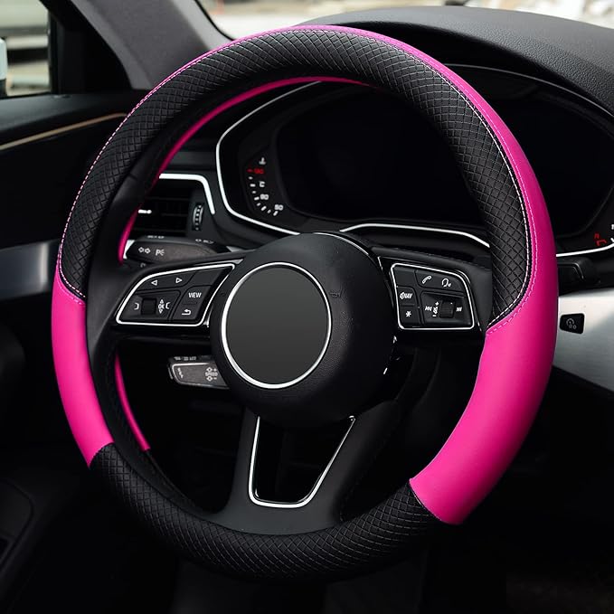 LABBYWAY Steering Wheel Cover, Universal Fit 15 Inch Microfiber Leather Car Wheel Protector, Anti-Slip, Pink