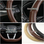 Cxtiy D Shaped Steering Wheel Cover, Genuine Leather Flat Bottom Stearing Wheel Cover Luxury Car Accessories 14 1/2-15 inch (Brown)