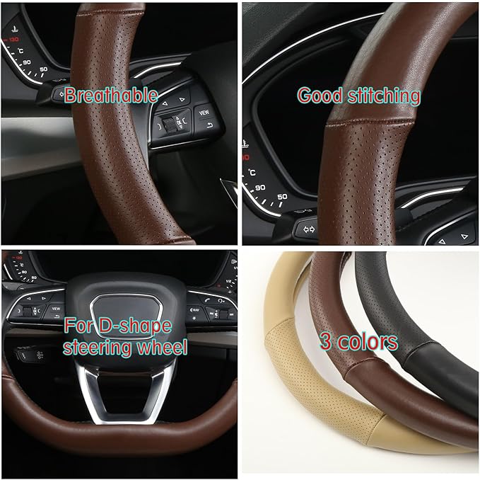Cxtiy D Shaped Steering Wheel Cover, Genuine Leather Flat Bottom Stearing Wheel Cover Luxury Car Accessories 14 1/2-15 inch (Brown)