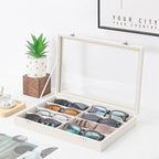 Coward Sunglass Organizer Tray Box, Beige Velvet Grids Eyeglasses Display Tray Case with Transparent Glass Lid for Home Use o