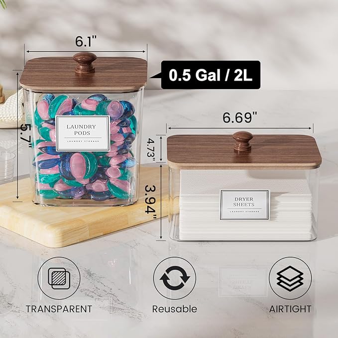 Laundry Pods Storage Container, Clear Laundry Room Organization and Storage,Detergent Powder Container,with Wooden Lids & Lab