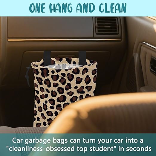 Car Trash Bag Abstract Brown Leopard Leak-Proof Car Garbage Bag with Drawstring Foldable Canvas Trash Bin with Adjustable Buckle for Car Accessories, Travelling, Camping