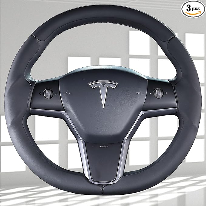 Nappa Leather Steering Wheel Cover for Tesla Model 3 2017-2023 & Model Y 2020-2024, Anti-Slip, Wear-Resistant, High Temperature Resistant (Flat Black)