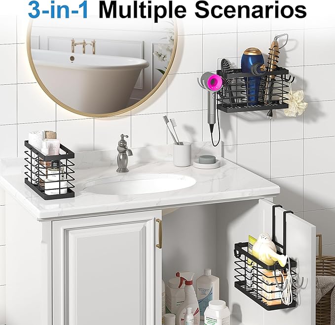 Sevenblue Hair Tool Organizer, 2026 Upgraded 3-in-1 Universal Hair Dryer Holder, Adjustable Height Metal Blow Dryer Holder Wa