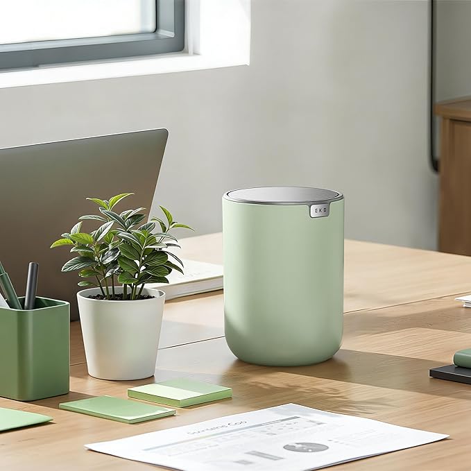 EKO Fandy 0.4 Gal/1.5L Mini Tabletop Trash Bin with Swing-Lid, Desktop Trash Can for Bathroom Countertop, Vanity, Coffee or Office, Small Garbage Bin (Sage)