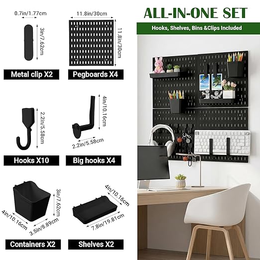 24 Pcs Wall Mount Peg Board Organizer Kits, Black DIY Pegboard Panels with 20 Accessories (Hooks, Clips, Bins, Shelves), Wall