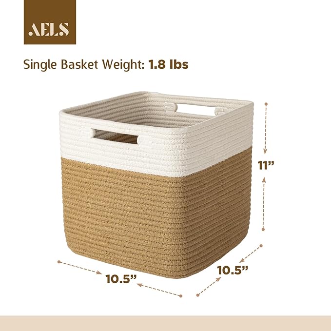 AELS Hand Woven Cotton Baskets for Storage, Cube Storage Bins with Handles, Foldable Collapsible Closet Organizers and Storag