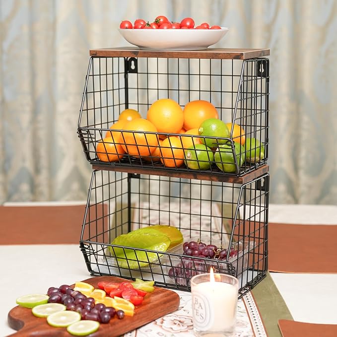 Mefirt Fruit Bowl, Stackable Wall Mounted Fruit Basket of Smooth Wood Lid with 4 Banana Hanger Hooks, Metal Kitchen Counter O