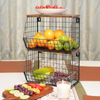 Mefirt Fruit Bowl, Stackable Wall Mounted Fruit Basket of Smooth Wood Lid with 4 Banana Hanger Hooks, Metal Kitchen Counter O