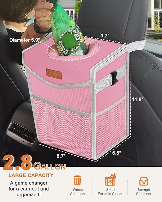 Car Trash Can with Lid, Cute Leakproof Car Trash Garbage Bag Hanging Vehicle Trash Bin Small Portable Automotive Garbage Cans Organizer for Back/Front Seat/Console(2.8 gal,Pink