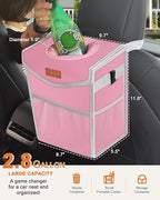 Car Trash Can with Lid, Cute Leakproof Car Trash Garbage Bag Hanging Vehicle Trash Bin Small Portable Automotive Garbage Cans Organizer for Back/Front Seat/Console(2.8 gal,Pink