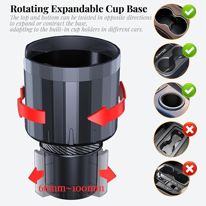 Universal Cup Holder Expander | 65-108mm Adjustable Car Adapter | Non-Slip Base for Bottles, Mugs & Handled Cups | Fit for Truck, RV, SUV, Car, Boat