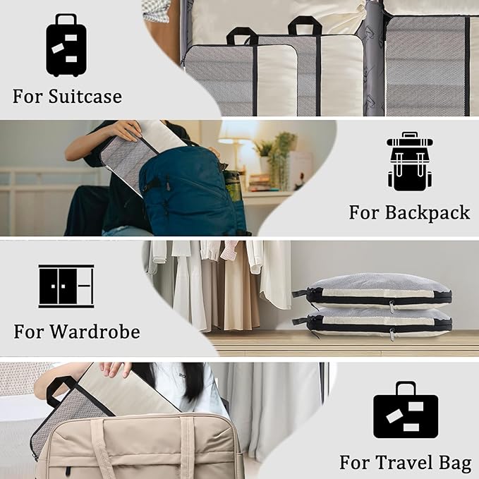U+U 6 Set Compression Packing Cubes - Ultralight Cream Travel Organizers with Laundry Bag, Space-Saving Suitcase Organizer, E