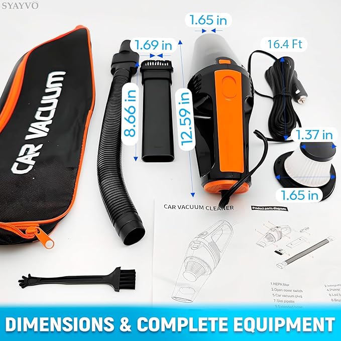 SYAYVO Portable Car Vacuum Cleaner - 8000PA/100W/DC12V Corded Vacuum Cleaner Handheld Vacuum with Attachments, LED Light Clea