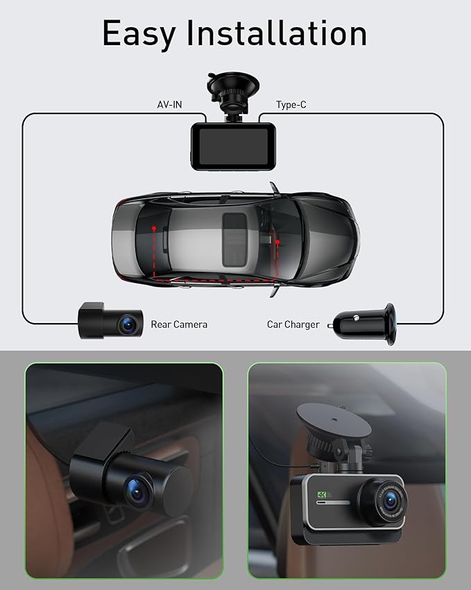 Dash Cam Front and Rear,4K+1080P WiFi Dual Dash Camera for Cars with App, 3" IPS Dashboard Camera Recorder,Night Vision,24H/7
