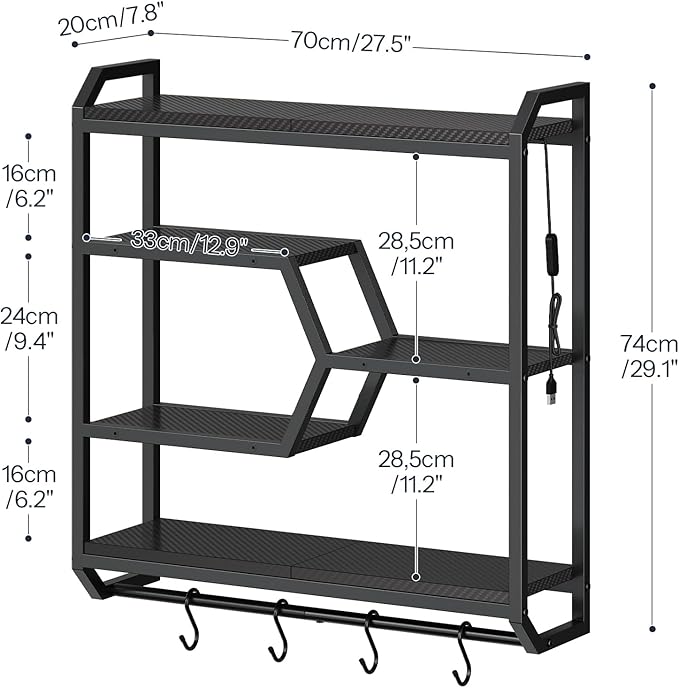 HOOBRO Gaming Floating Shelf with LED Lights, 27.5" LED Wall Mounted Shelf with Hanging Rod & 4 S-Hooks, 4-Tier Hanging Displ
