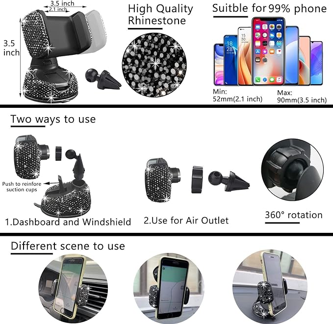 NBTEPEM 27 PCs Black Bling Car Accessories Set for Women, Steering Wheel Covers Universal Fit 15 Inch, Bling License Plate Frame, Bling Phone Holder, Bling Car Coasters (Black Diamond)