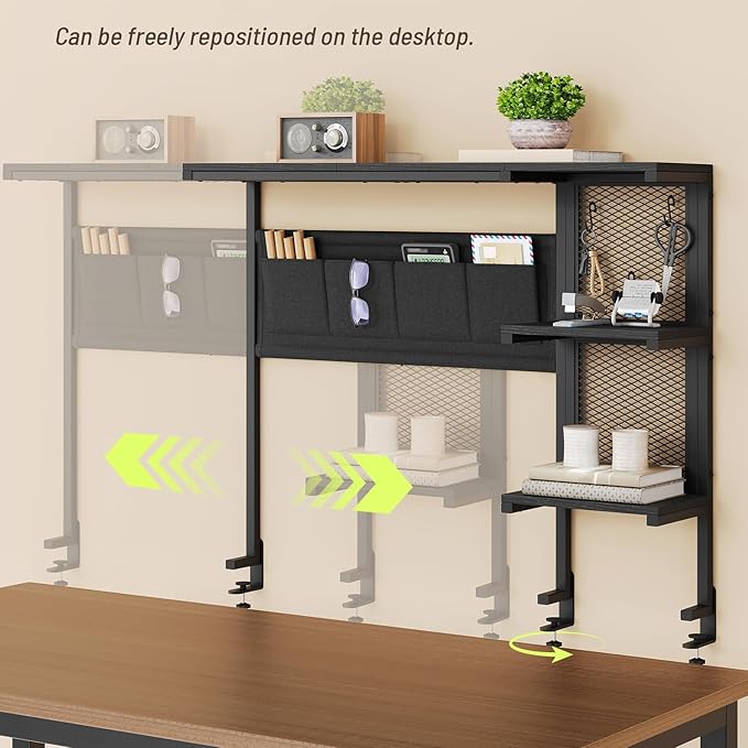 Clamp on Desk Shelf with Pegboard, Above Desk 3-Tier Extender Shelf, Desktop Bookshelf with Hooks, Desktop Organizer for Offi