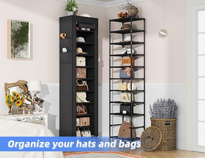 Simple Trending Narrow Shoe Rack with Cover, 10 Tier Shoe Organizer Storage, Tall Free Standing Shoe Cabinet Holds 20 Pairs f