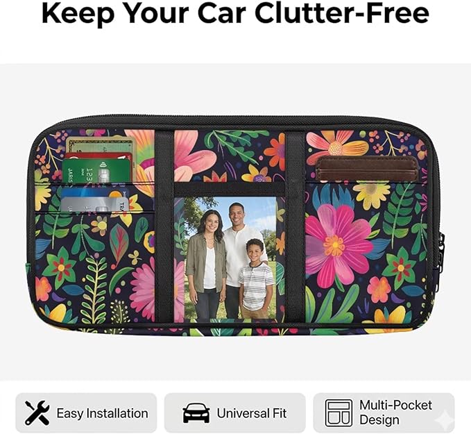 Pink Floral Car Sun Visor Organizer, Multi-Pocket Visor Organizer Storage Pouch for Cars, SUVs & Trucks with Velcro Straps Fashion Auto Accessories for Cars Interior Women