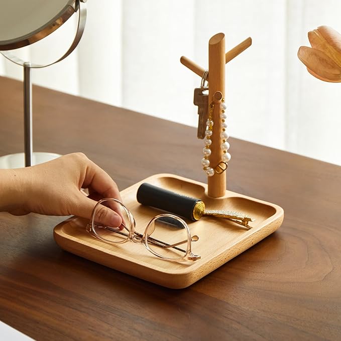 Solid Beech Wood Key Tray and Bowl for Entryway Table - Smooth Polished Branch-Shaped Organizer With Hooks for Keys, Wallet, 