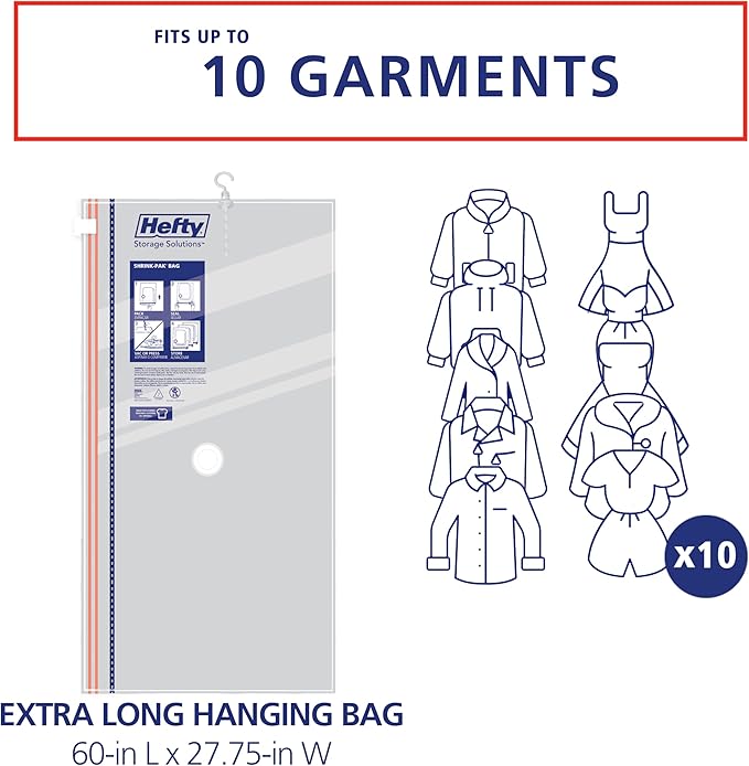 Hefty Hanging Compression Bags 3 Extra Long Vacuum Garment Storage Bags for Clothes, Travel, Closet Organization (60 X 27 Inc