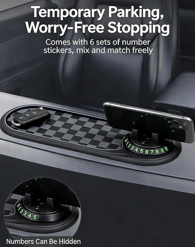 Multi-Functional Support Anti-Slip Pad, 360° Rotatable Car Anti Slip Mat Phone Holder with Temporary Parking Number, Auto Das