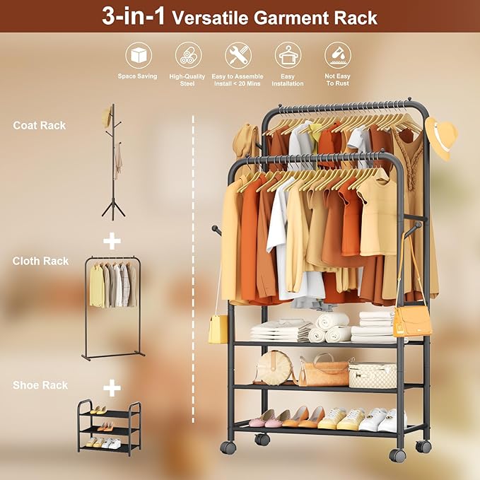 Furologee Clothes Racks for Hanging Clothes, Portable Rolling Garment Rack, Sturdy Metal Freestanding Cloths Racks with Wheel