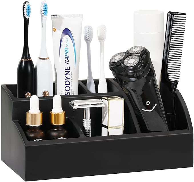 Luxspire Bathroom Counter Organizer, Toothbrush Holder for Bathroom 5 Slot, Large Bathroom Countertop Organizer Storage Marbl