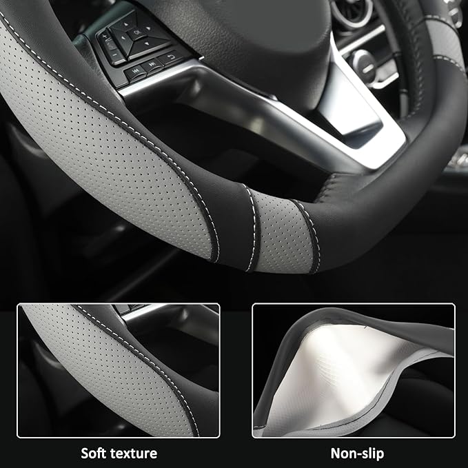 West Llama Flat Bottom Car Steering Wheel Cover for Nissan,D Shaped Steering Wheel Cover for Rogue,Altima,Kicks (Black+Gray-S
