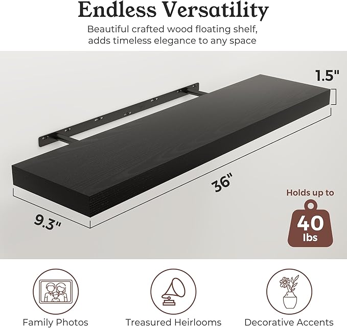 Floating Shelves for Wall, 9.3" Deep Wall Mounted Wood Shelves for Bathroom, Bedroom, Living Room, Kitchen, Hanging Shelf for