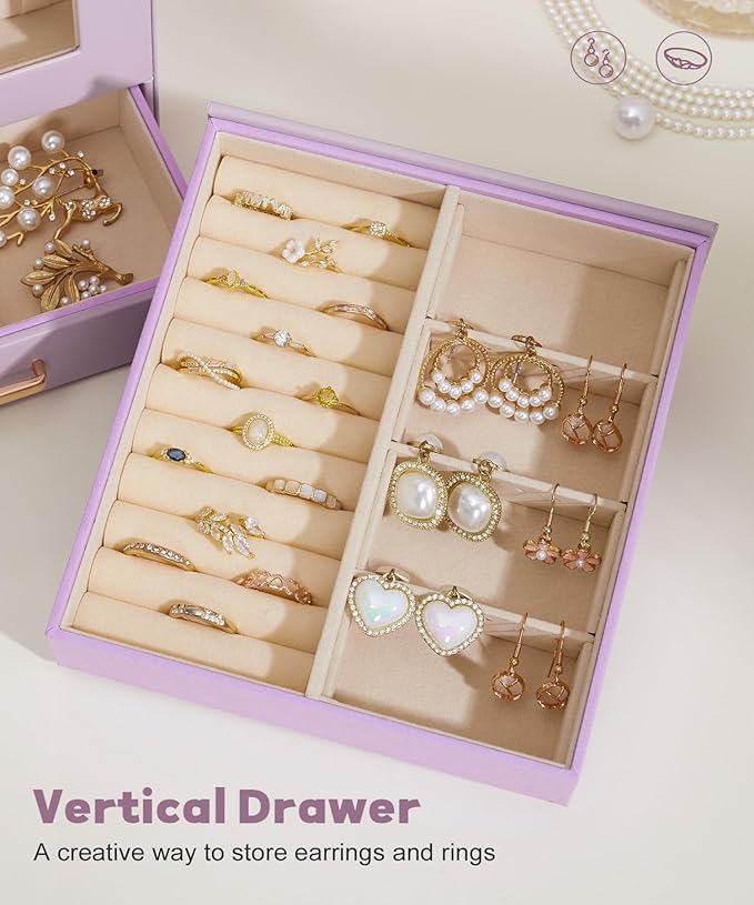 Homde Jewelry Organizer Girls Women Jewelry Box for Necklaces Rings Earrings Gift Bracelets Storage Case (Grey Purple + Gold)