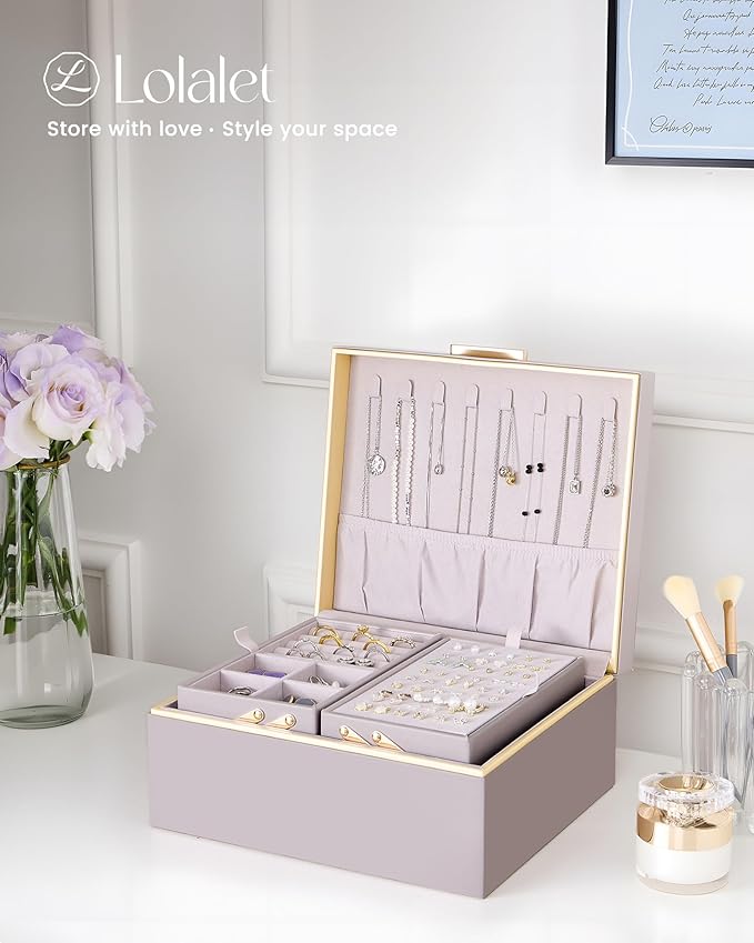 Lolalet Jewelry Box Organizer for Women Girls, 2 Layer Jewelry Organizers and Storage for Necklace Earrings Rings Bracelets, 
