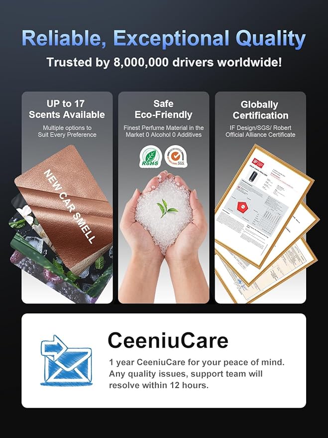 Ceeniu Smart Car Air Fresheners, New Smell Experience By Ultrasonic mist, Auto On/Off, Natural Fragrance Lasts for 4 Months, 
