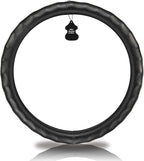 Haokay Heavy Duty Pure Cowhide Steering Wheel Cover, Black Genuine Leather Steering Wheel Cover Men Women Comfort Finger Grips Universal 14.5 to 15 Inch
