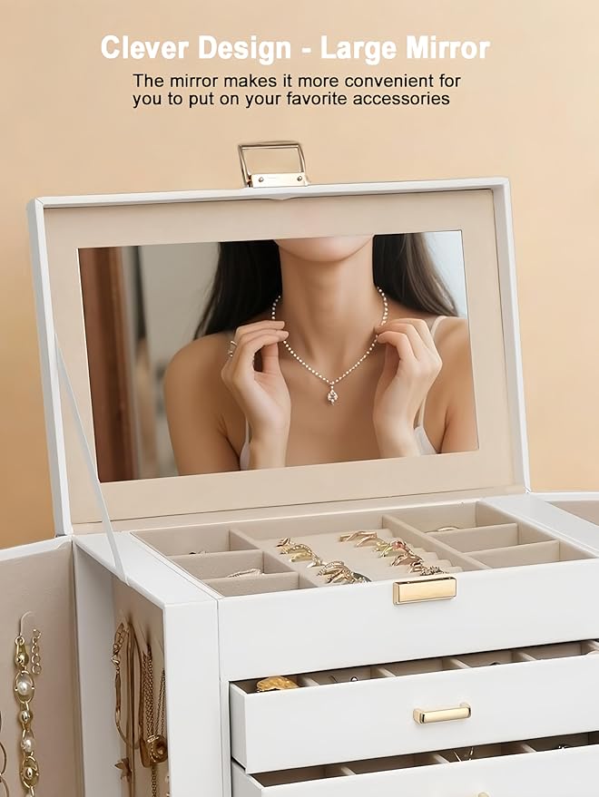 BOOVO Jewelry Box For women, 6 Layer Large Jewelry Organizer With Mirror, Multi-Function Storage Box With Lock, Necklace Hold