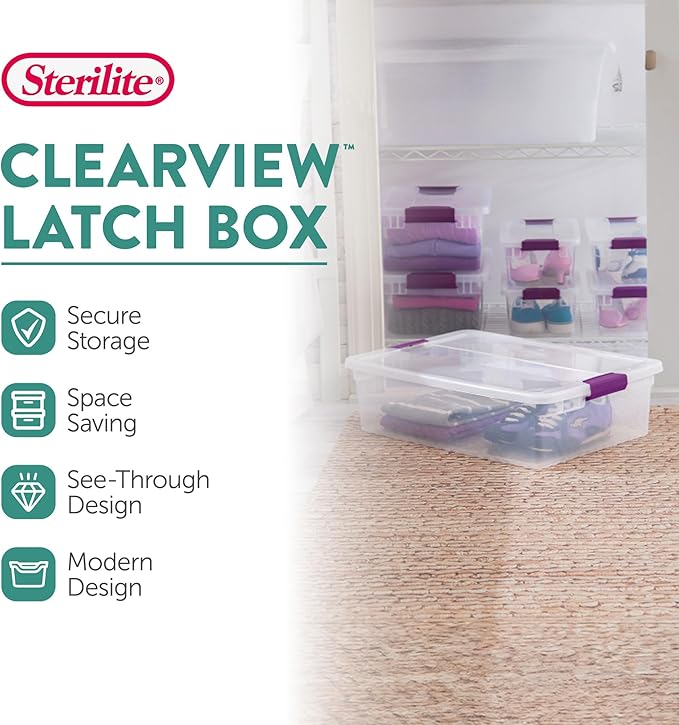 Sterilite 18-Pack 32 Quart ClearView Latch Box, Stackable Organizer Bins with Latching Lids - Clear Plastic Organization Cont