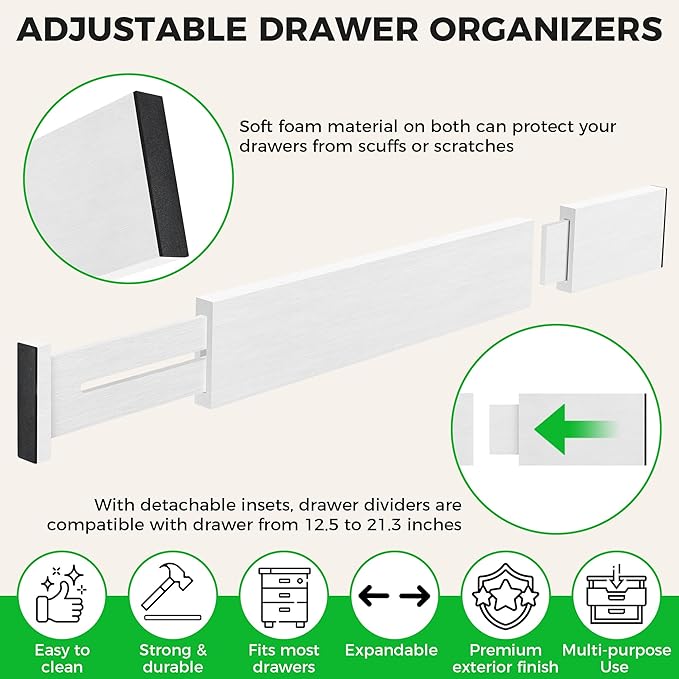 4 Pack Bamboo Drawer Dividers Organizer with Inserts 2.6'' High, Expandable from 12.5-21.7", Adjustable Drawer Organizer Sepa