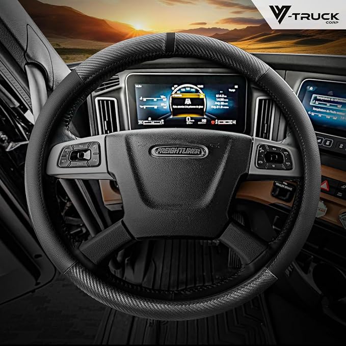 18-Inch Genuine Leather Steering Wheel Cover for Semi Trucks – Black with Carbon Fiber Imitation, Heavy-Duty Non-Slip Grip, Universal Fit, Easy Installation