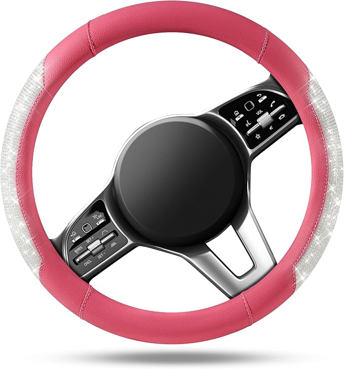 PIC AUTO Steering Wheel Cover, Sparkly Crystal Bling Glitter with Hot Pink Leather, Universal Fit 14.5"-15.5" Car Steering Wh