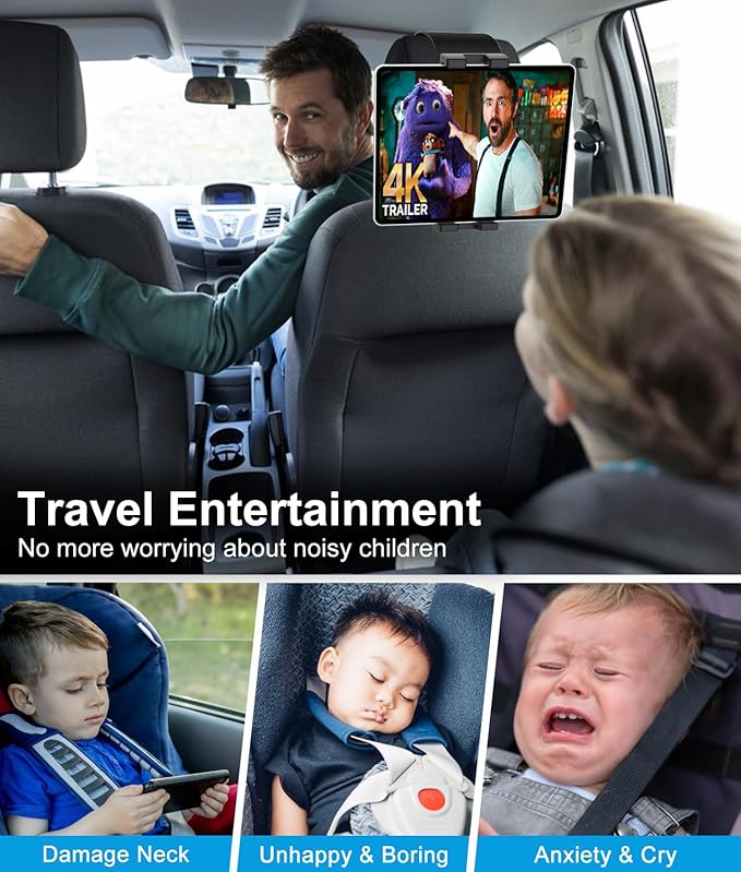 GDZN Car Headrest Tablet Mount, [Highly Elastic Band] 360°Adjustable iPad Holder for Car Back Seat, Vehicle Kids Travel Tablet Holder for iPad Pro, Galaxy Tab, iPhone, Fire, 4-13" Device