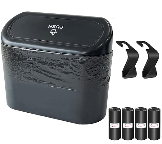 Kitbest Car Trash Can Bin with Lid, 60 pcs Trash Bags and 2 pcs Car Hooks. Mini Car Garbage Can, Dustbin Can Organizer Storage for Front Back Seat Accessories for Car Office Home