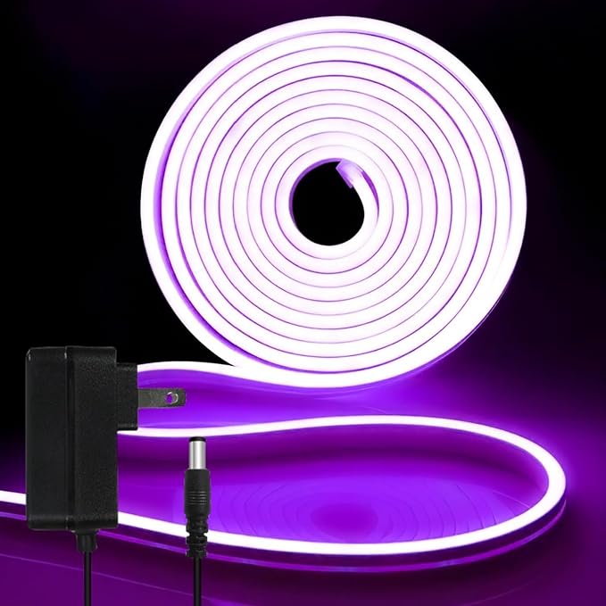 iNextStation 12V Purple LED Strip Lights 16.4FT, Flexible Silicone Neon Rope Light with Power Adapter, Waterproof, Cuttable, Dimmable & Linkable, LED Lights Strip for Bedroom, Kitchen(with Plug)