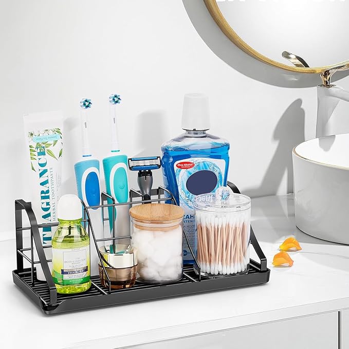 Bathroom Countertop Organizer - Detachable 7 Slots Kids Electric Black Toothbrush and Toothpaste Holder Drainage Tray for Bat