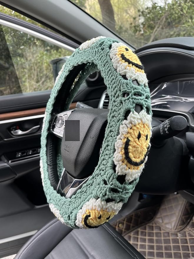 Handmade Crochet Sun Smiling face Car Steering Wheel Covers Universal 14-15 inch,Cute Steering Wheel Cover,Car Accessories (Sun Steering Wheel Cover)