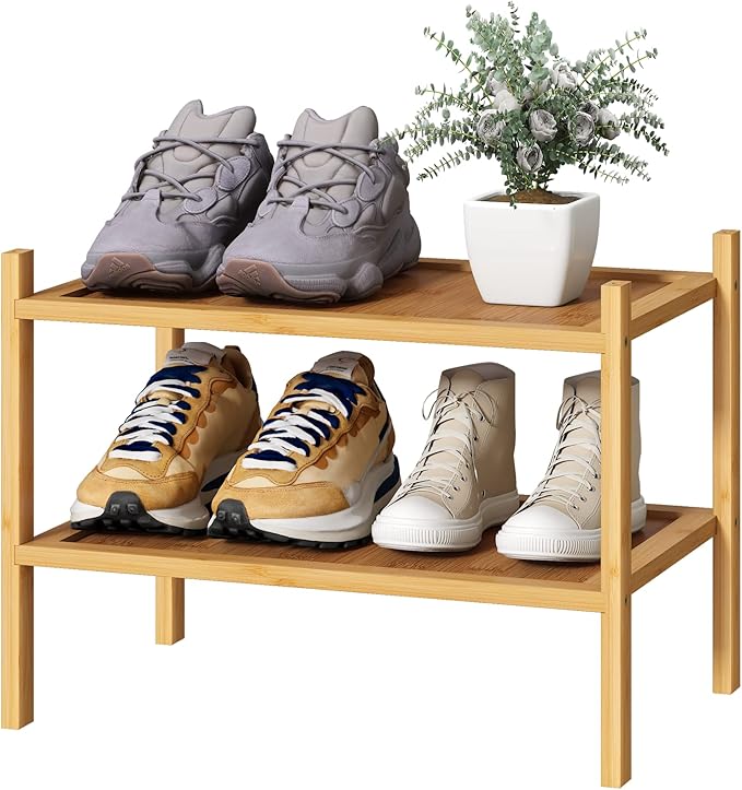 kiplant Small Shoe Rack, 2-Tier Bamboo Wood Shoe Rack for Entryway, Stackable Shoe Organizer for Hallway Closet, Free Standin