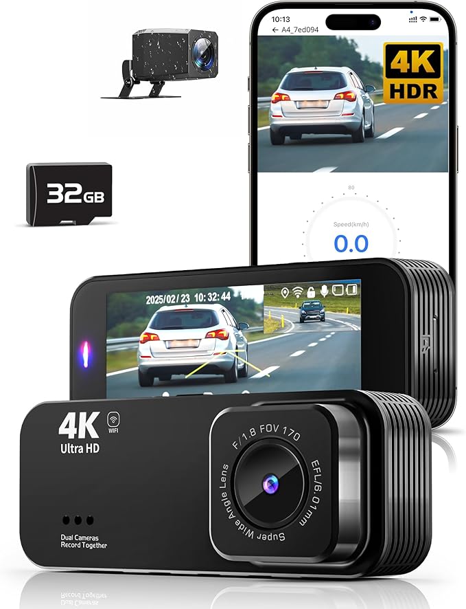 Dash Cam Front and Rear, 4K+1080P Dual Dash Camera for Cars with 5G WiFi, Built-in 32GB Card, Night Vision, G-Sensor, 24H Par