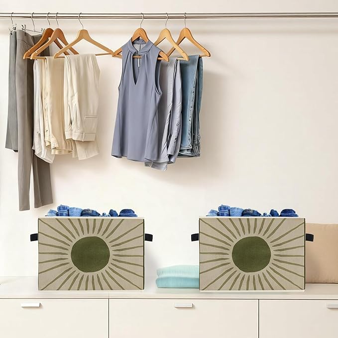 Boho Sun and Moon Storage Box Bins, Vintage Green Beige Celestial Collapsible Storage Basket Organizer for Bedroom Laundry Ro